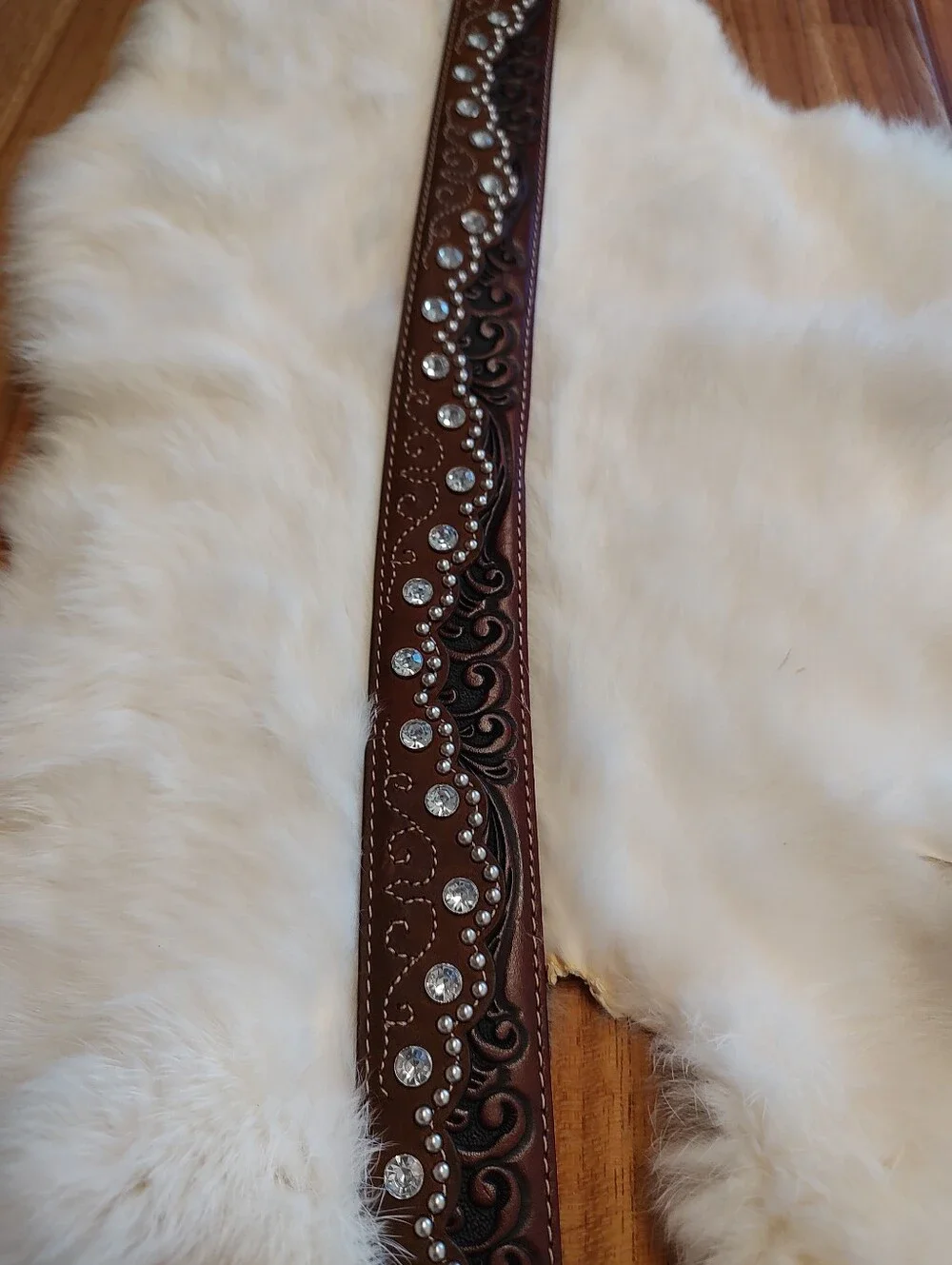 Tony Lama Leather Western Cowgirl Tooled Rhinestone Brown Bling Belt SZ: 32
